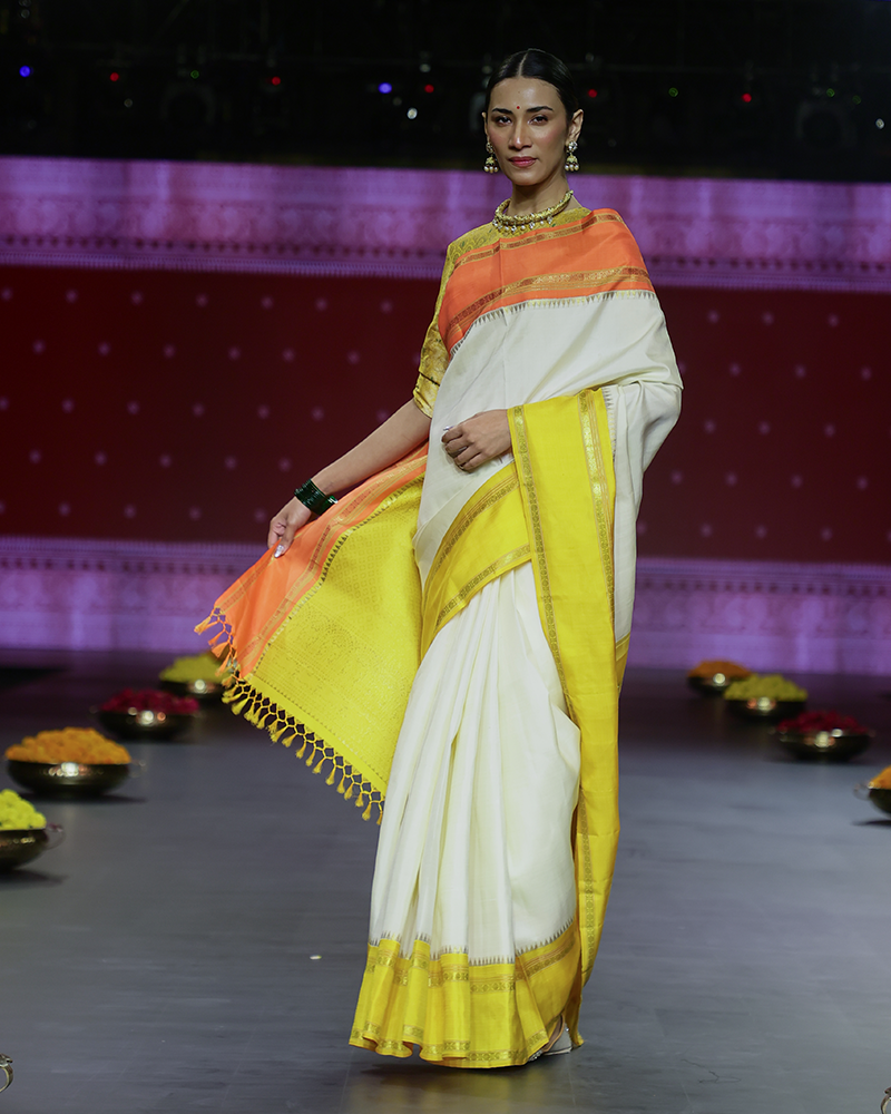 White, Yellow, and Orange Kanjivaram Saree