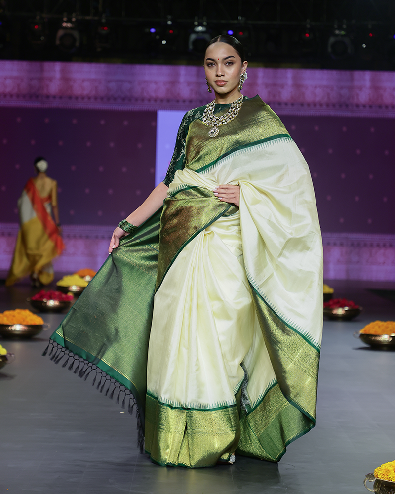 Cream and Green Kanjivaram Saree