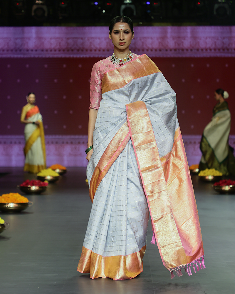 Grey and Pink Kanjivaram Saree