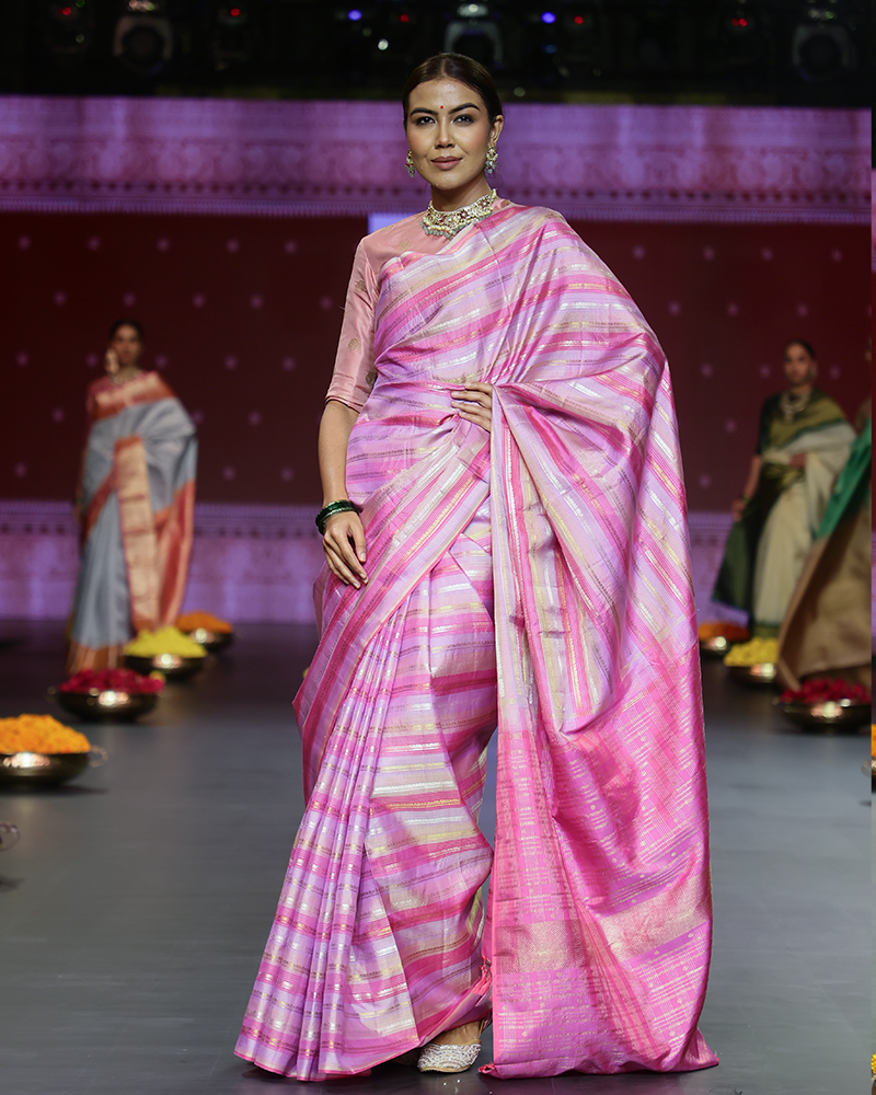 Pink and Lilac Striped Kanjivaram Saree