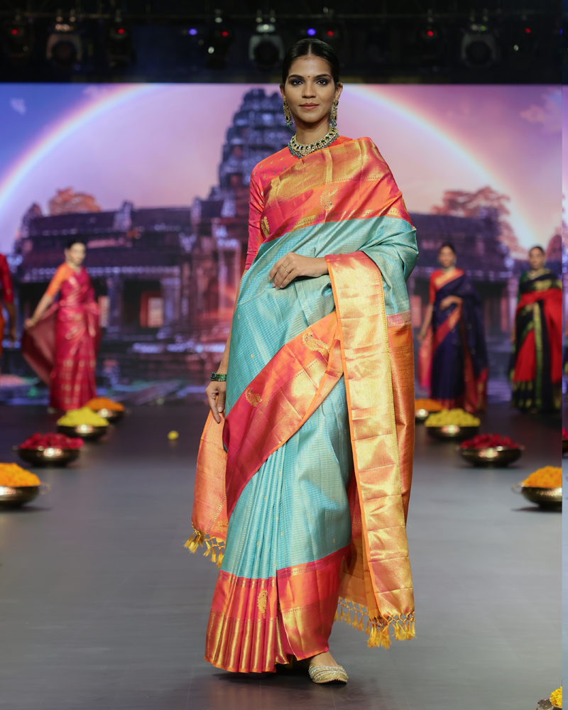 Blue & Orangish Pink Kanjivaram Saree