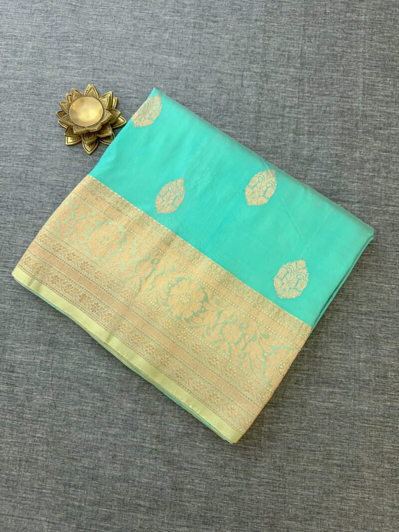 Aqua Silk Saree with Golden Zari - Image 3