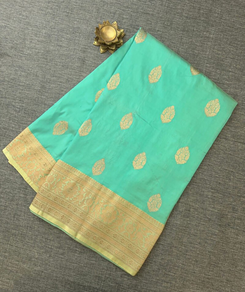 Aqua Silk Saree with Golden Zari - Image 4
