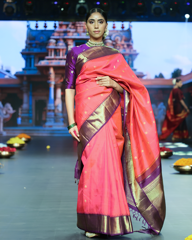 Coral-Pink and Purple Kanjivaram Saree