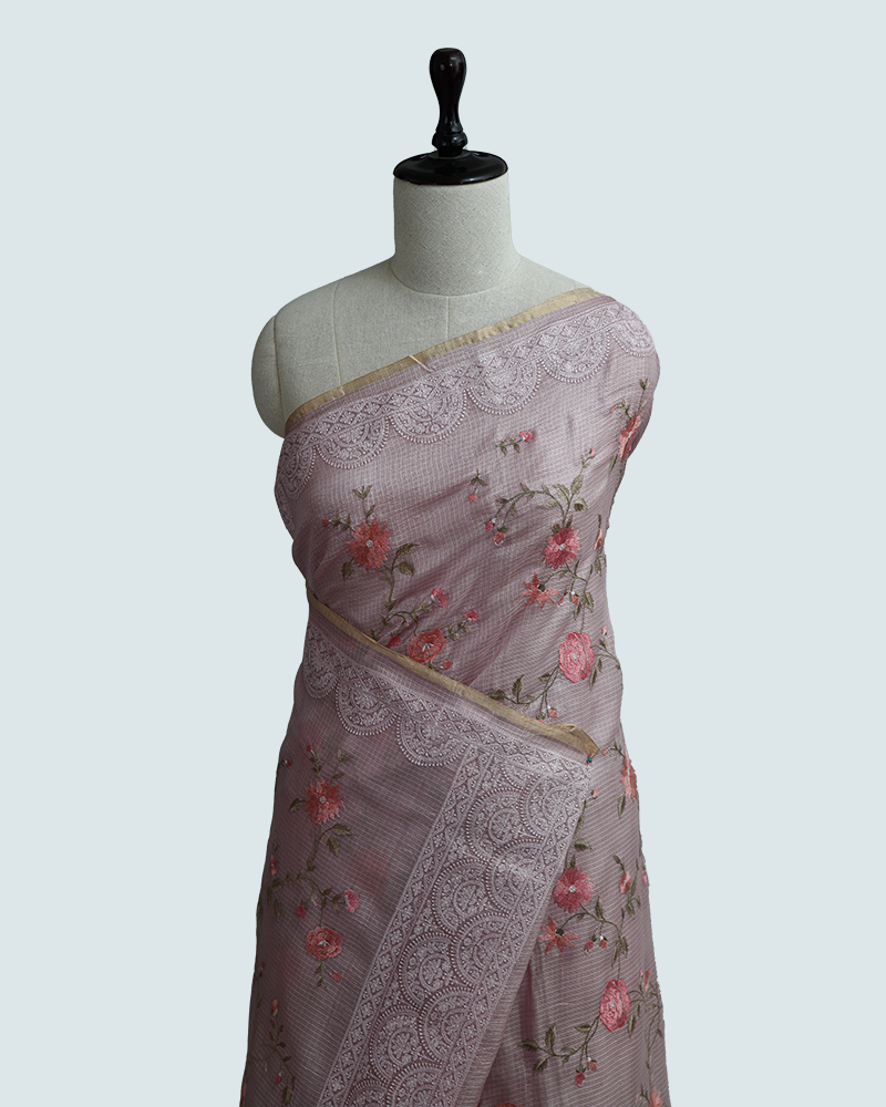 Mauve Organza Floral Saree