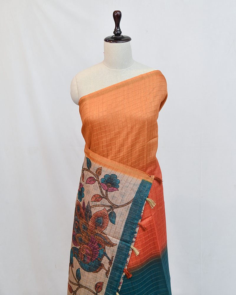 Orange and Teal Floral Saree