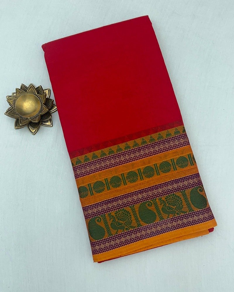 Cherry Red Kanchi Cotton Saree