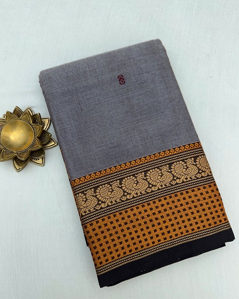 Grey With Orange Kanchi Cotton Saree